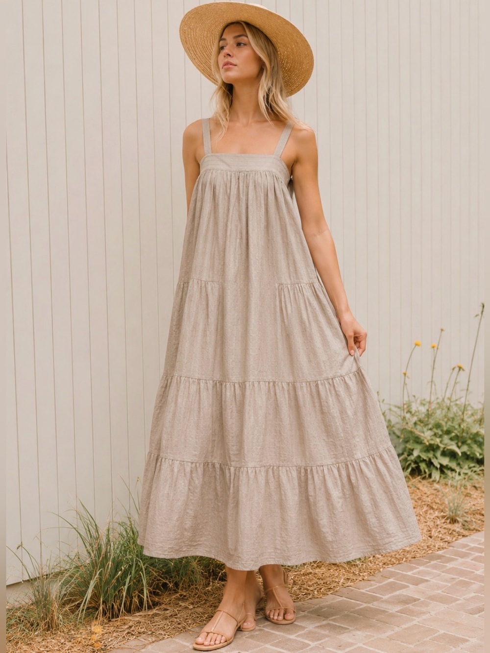 Neuflora Tiered Nap Style Dress M Beige Neutral Loose Flowy Cotton Feminine NEW